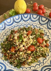 Tabouli salad with buckwheat, Eatmore Mixed Sprouted Beans, cherry tomatoes, cucumber, parsley, and fresh mint.